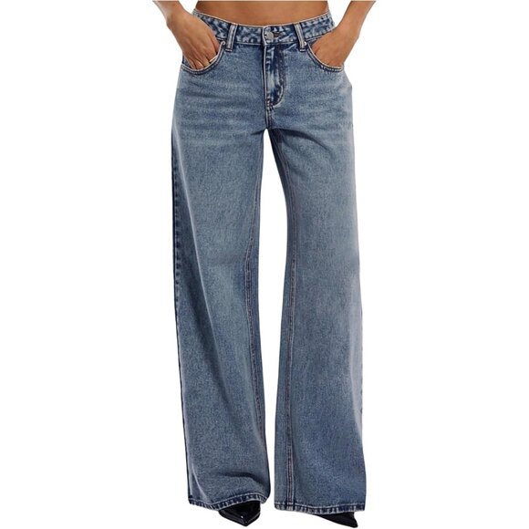 Women's Low Rise Baggy Jeans Soft Denim Wide Leg Y2K Casual Streetwear - Picture 1 of 5
